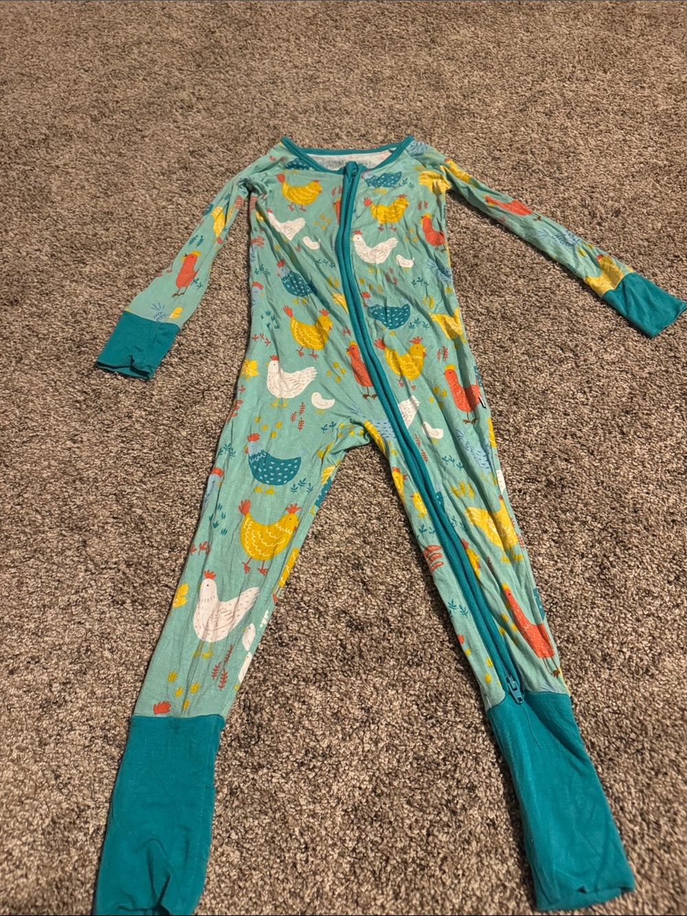 Little Sleepies Teal Chicken-Print One-Piece Footie Pajamas